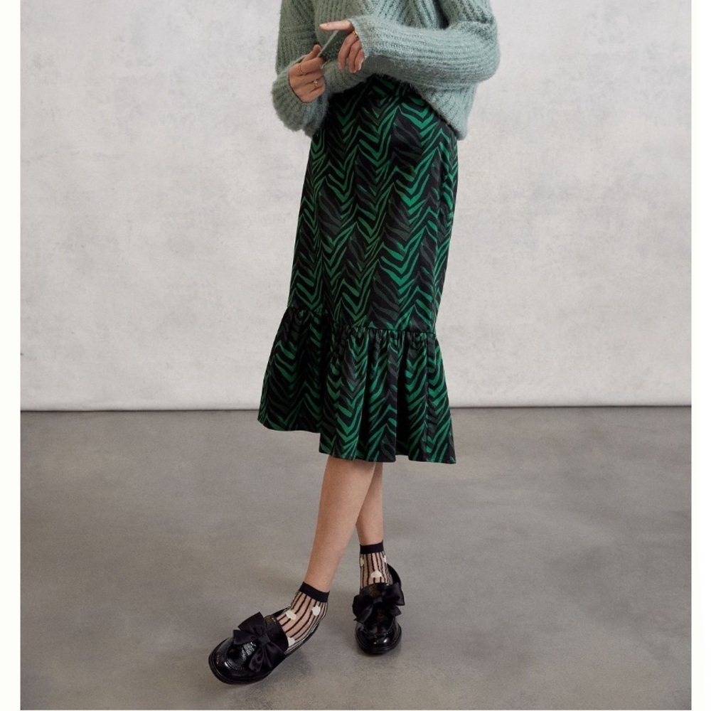 Anthropologie Corey Lynn Calter Bria Flounced Midi Skirt Green Motif Size Large